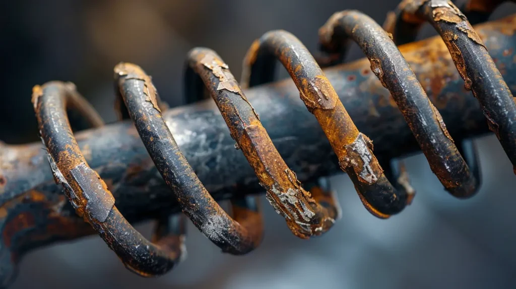 Close-up of snapped garage doors springs showing a visible gap, rust, and tension damage inside a residential garage