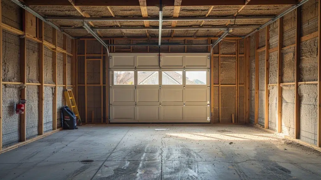 Interior of a residential garage with exposed framing and overhead track system where garage door springs are mounted above the closed door.”
