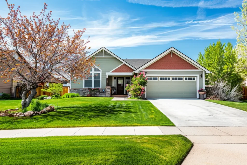 Spring garage door maintenance tips showcased on a sunny day in a well-kept suburban home, featuring a clean double garage door, fresh green lawn, blooming trees, and bright blue skies in a peaceful neighborhood setting.